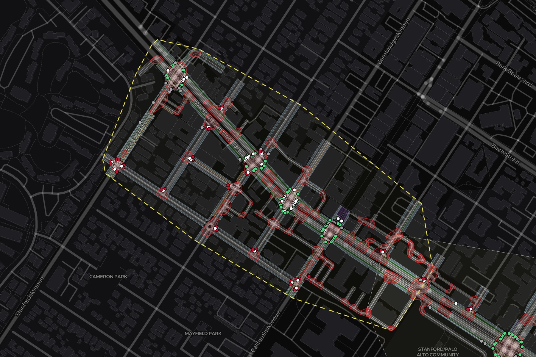 The HD map of Palo Alto · College Terrace: lanes in grey, junctions outlined in red and signals as coloured dots over a dark street basemap.